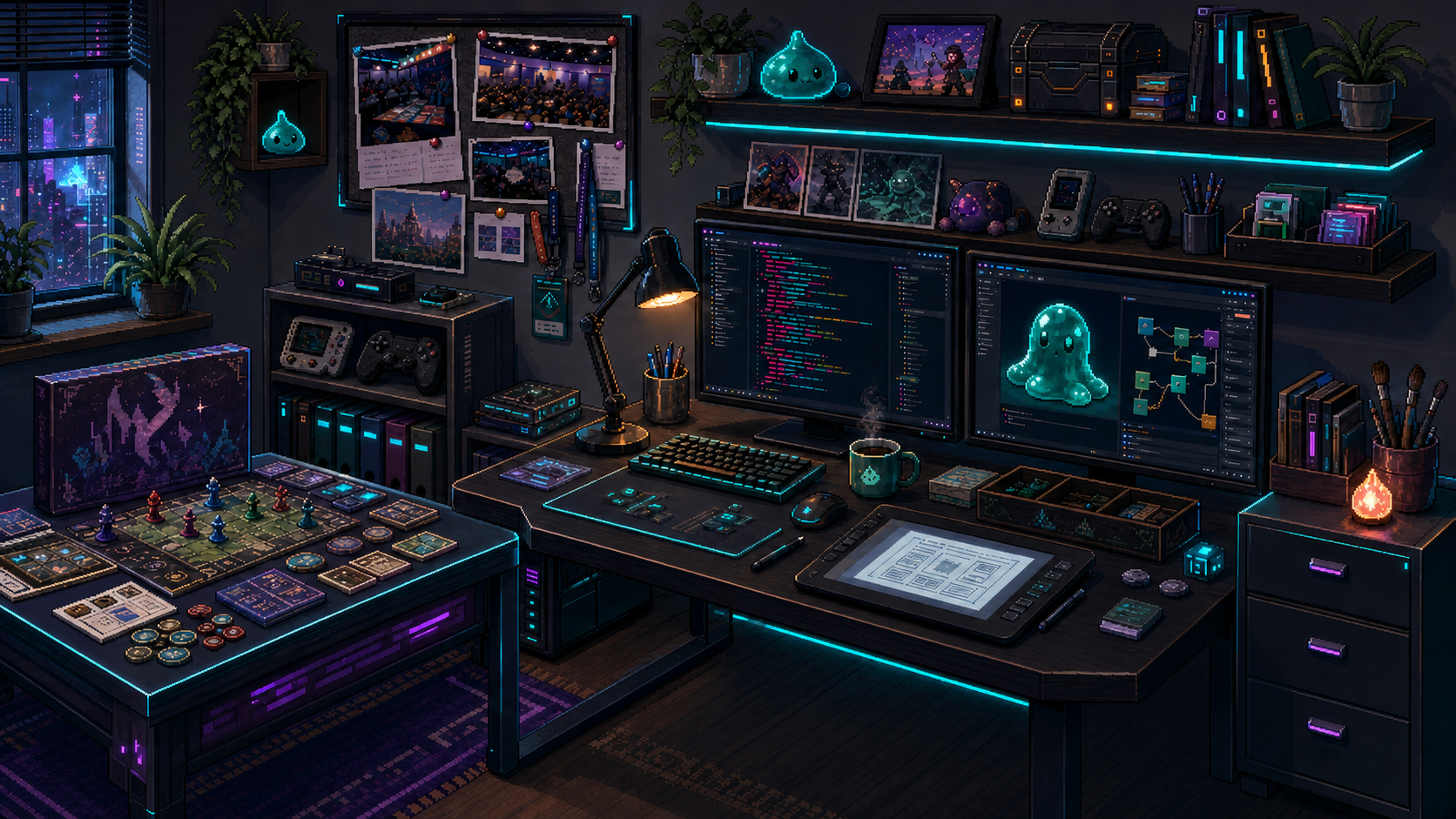 Pixel art cyberpunk game development studio with interactive project objects
